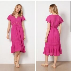 NWT Rails Kiki Drawstring Waist Linen Blend Dress In Radiance Lace Detail Size M
